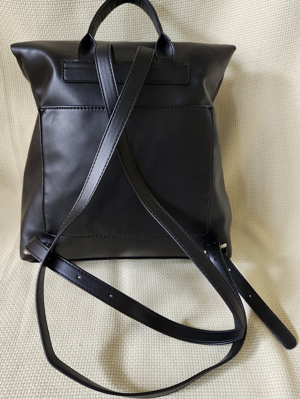 DKNY Tilly Foldover Backpack Black Faux Leather Debossed Logo Medium EUC - Picture 9 of 16